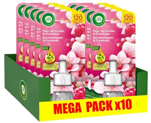 Air Wick Lot de 10 Recharges Diffuseur désodorisant électrique huiles essentielles Fleur de Cerisier & Framboise