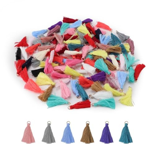DIYCUT 100 Stück Handgemachte Baumwolle Quaste Anhänger, 3.3cm Bastelquasten mit Metallring, Mini Bunte Troddel Quasten, für Ohrringe, Basteln, Schlüsselanhänger, DIY Handwerk Zubehör
