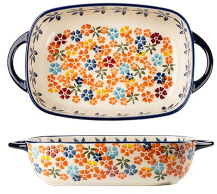 Dxcaicc Lasagne Dish Ceramics Creative Double-Handled Plate Deep Dish Home Polish Retro Exquisite Shape And Delicate Style Rectangular Ceramic Baking Tray,Orange Flowers,Big