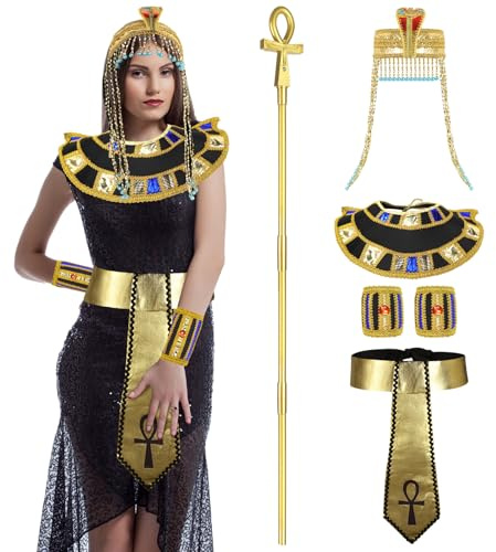 Geosar 5-teiliges ägyptisches Halloween-Kostüm-Zubehör-Set beinhaltet Pharao, Kopfbedeckung, Hut, Kobra, Rohrgürtel, Halsband, Armbänder für Herren