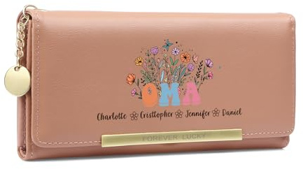 Wamantic Geldbörse Damen PU Leder Personalisiert – Portmonee Damen mit 1-6 Namen & Blumen, Personalisierte Geschenk für Oma, Geburtstagsgeschenk, (Stil 2-4 Namen)