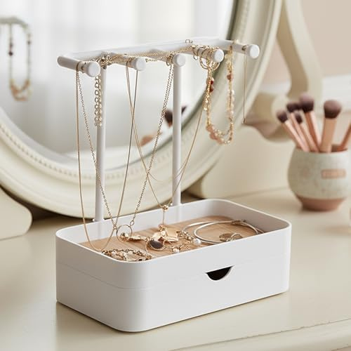 Aohyue Jewellery Holder Chain Stand with Drawers, Jewellery Organiser with Wooden Storage Base and 5 Hooks, for Necklaces, Bracelets, Rings & Earrings, White, Jewellery Stand Chain Holder