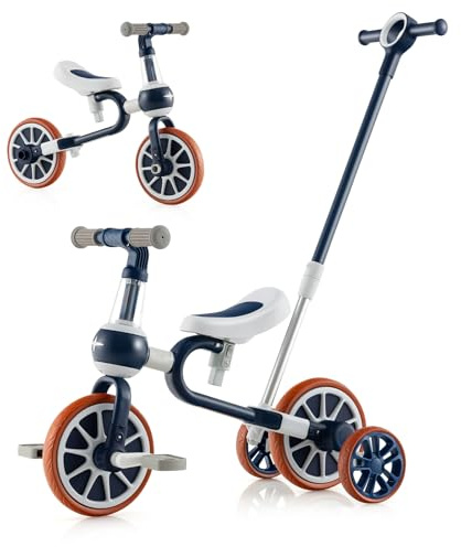 GYMAX 4 in 1 Kids Trike, Toddler Bike with Adjustable Push Handle, 2-Level Seat Height, Removable Pedals and Training Wheels, Baby Balance Bike Birthday Toys for Boys & Girls