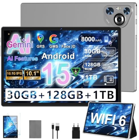 Tablet 30GB RAM 128GB ROM(TF 2TB Espandibile), 10 Pollici 8000mAh/ WIFI 5G/ BT5.0/ OTG/ GPS, Camera 5+8 MP, Certificazione GMS, Widevine L1, Tablets Corpo in Metallo con Custodia Protettiva -Grigio