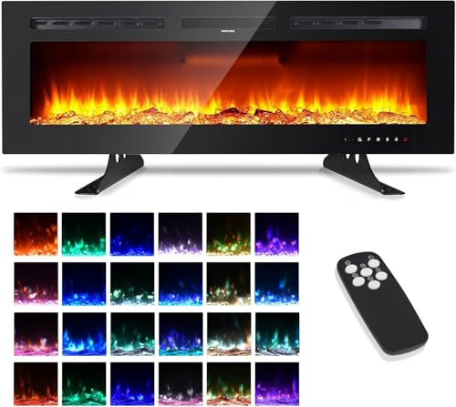 60 Inch Electric Fireplace with Remote Control, Ultra Slim Wall Mount or Recessed Fit, 12 Colour Flame Effects, Dual Heat Settings for UK Homes