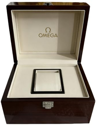 ROUREOX Vintage Stil Uhr Präsentation Box Mahagoni Effekt Außen Silber Mechanisch Zifferblatt Grafik Aufbewahrung Schatulle Uhrenkasten für Omega