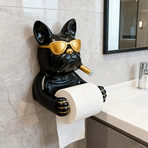 Hosoncovy Cartoon Bulldog Sculpture Statue Toilet Roll Paper Wall Holder Rack Paper Towel Holder for Bathroom (Black)
