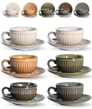 Erkundpresso. Juego de 6 tazas de café con platillos, 90 ml, juego de tazas de café de gres, paredes gruesas con asa, tazas de café baristas hechas a mano, mezcla