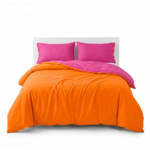INTRECCI Parure Copripiumino Bicolore Matrimoniale, 100% Cotone, Sacco Copripiumino 255x240 cm + 2 Federe 52x82 cm, Versatile e Confortevole, Arancio/Fuxia