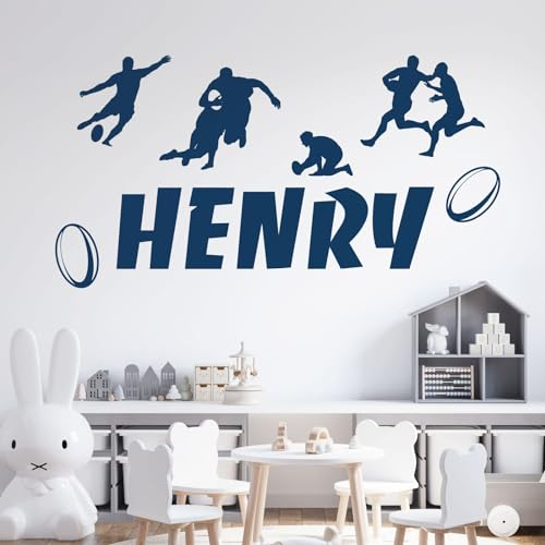 Wandaufkleber, personalisierbar, für Jungen und Mädchen, Motiv: Sport-Rugby-Ballspieler, ultramarineblau