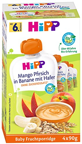 HiPP Quetschbeutel für Babys, Frucht-Porridge, Mango-Pfirsich in Banane mit Hafer, 100% Bio-Früchte ohne Zuckerzusatz, 4 x 4 Beutel à 90 g