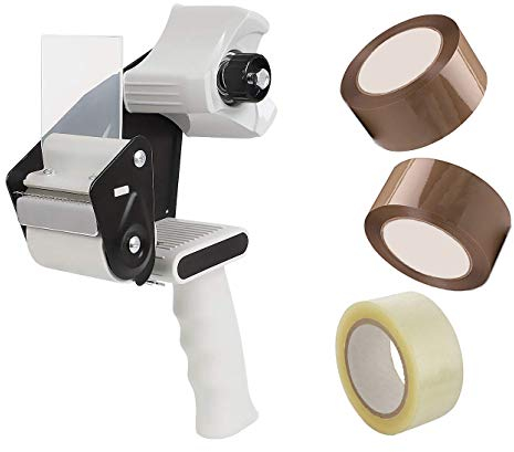 Dispenser Nastro Adesivo Professionale - Include Pistola Erogatore + 3 Rotoli di Nastro Adesivo da imballaggio (2 Marroni + 1 Trasparente)