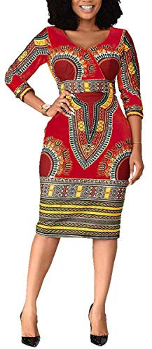 VERWIN Mid-Calf V Neck Three Quarter Sleeve Print Women's Bodycon Dress African Midi Dress (Large, Red)