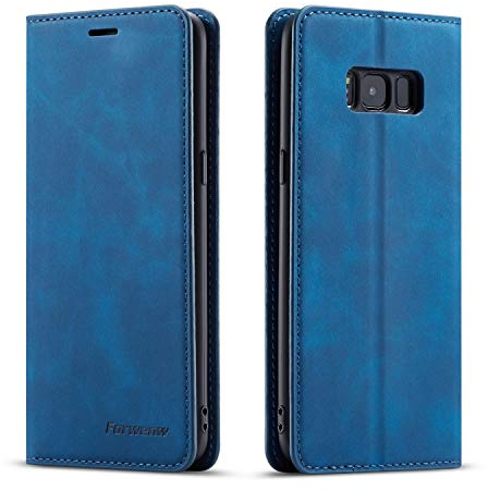 EYZUTAK Hülle für Samsung Galaxy S8, Magnetverschluss Premium PU Leder Flip Case mit Kartenfächern Brieftasche Standfuntion stoßfeste Silikonhülle Retro Ledertasche - Blau
