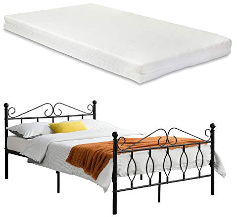 [en.casa] Metallbett Apolda 140x200 cm Jugendbett mit Matratze und Lattenrost Doppelbett mit Kaltschaummatratze bis 300kg Schwarz