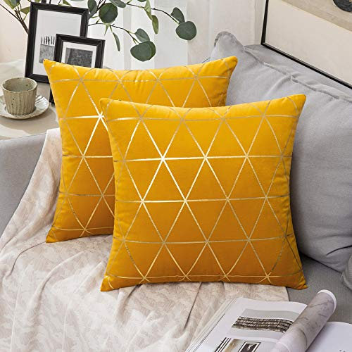 MIULEE Samt Kissenbezug Gitter Moderne Zierkissenbezug Dekorative Kissenbezüge Sofakissen Weich Dekokissen Deko mit Verstecktem Reißverschluss für Sofa Büro Bett 2er Set 50x50 cm Gold
