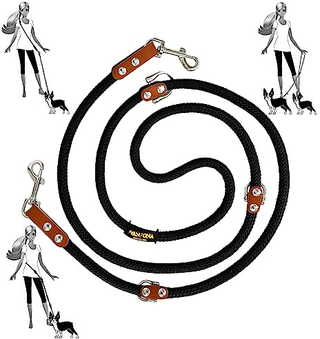 Freihändige Hundeleine, Mehrfachposition, für 2 Hunde, mit Leder. Schwarz & Cognac.