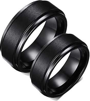 Gualiy Paar Ring Set, Wolframcarbid Ring Herren Damen Schwarzer gebürsteter Ring 8mm, Damen 54 (17.2) & Herren 54 (17.2)