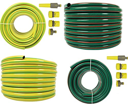Gartenschlauch 1/2, 3/4, 1 Zoll - Länge:20m 30m 50m - Farbe: Gelb/Grün Wasserschlauch mit oder ohne 4-tlg Anschluss Set Armaturen Adapter (3/4 Zoll, 50m, Gelb)
