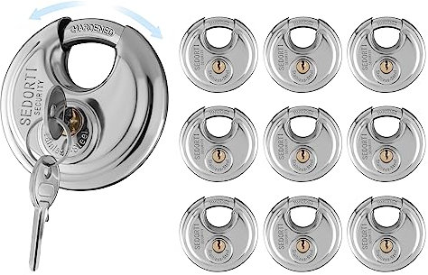 SEDORTI Lot de 10 cadenas à disque à clés identiques, 7,5 cm de large, serrure ronde en acier inoxydable 304, serrure de rangement étanche et antirouille avec clés en laiton, idéal pour porte d'unité