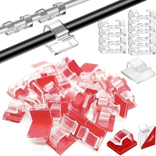Norhogo 60 Stk Mini transparent Kabel Clips mit Klebebändern klein Kabelhalter Selbstklebend, Kabelclips Hochviskose Kabelklemmen Schreibtisch Organizer Kommt mit 10 selbstklebenden Drahtklammern
