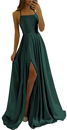 Damen Spaghetti Straps Satin Prom Dresses A-Linie Seitenschlitz Ballkleider Hochzeit Abendparty Kleid mit Taschen