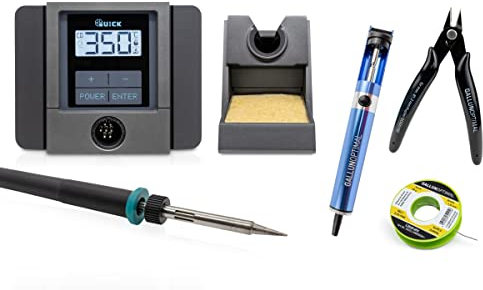 QUICK TS1100 digital regelbare Lötstation ESD 70-90 Watt 200-450°C professionell sensorgeregelt SMD Lötstation kalibrierbar mit 3 Fest-Temperatur-Speichern 0,5mm Lötspitze und 3 teiligem Zubehör-Set