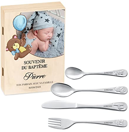 Maverton Set de couverts avec photo personnalisé pour garçon - Coutellerie dans coffret imprimé - Couvert enfant Thème Animal - Cadeau bapteme garcon - Cadeaux bébé - couvert bebe gravés - Photo 7