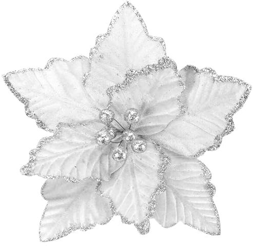 Donfulily Pack of 4 Christmas Glitter Flowers, 9’’ Large Heads Poinsettia Christmas Tree Ornaments Artificial Flowers with Long Stems for Xmas Tree Holiday Wedding Decorations (White)
