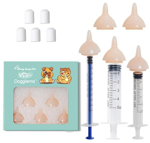 Doggiema Aufzuchtflasche Katzen Silikon Nippel mit Spritze | Für Neugeborene Kätzchen, Kätzchenflaschen-Fütterungsset, Stillset, Spritze zum Füttern, Brustwarzen zum Füttern