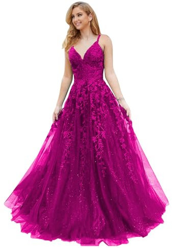 PEIYJYUSP Vestido largo de tul con purpurina, apliques de encaje, cuello en V, vestido de graduación para mujer, vestido formal de fiesta de noche, Fucsia, 16