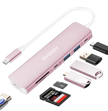 BYEASY Hub USB C, Divisor 7 en 1 USB C con HDMI 4K, Lector de Tarjetas SD/TF, 100 W Power Delivery, Cable Ultra Delgado USB C, Compatible con portátiles y Otros Dispositivos Tipo C, Color Rosa
