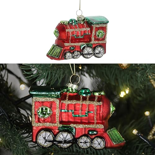 Christbaumschmuck Eisenbahn | handbemalt 9x6x5cm Glas bunt Glitzer | Weihnachtsaufhänger für Tannenbaum (1 x Christbaumschmuck Eisenbahn)