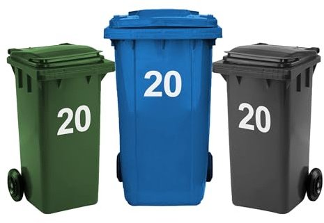 Rubigo 3 x Bin Numbers for Wheelie Bins, 0-99, Letters A-D, 17.5cm Dustbin Stickers, Easy Application Stick On Number Stickers - Weatherproof Self Adhesive Vinyl (20)