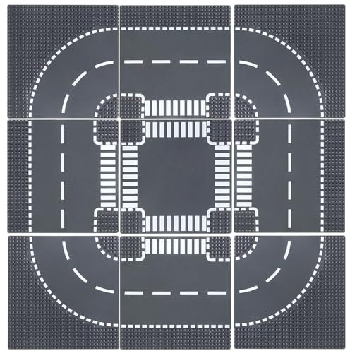HUIZDQ 9 Piece Road Base Plates, City Street Road Building Baseplate Toys Compatible with All Major Brands, For Ages 3 and Up, 4 Curves, 4 T-Junctions, 1 Crossroad, 10 x 10 (Grey)