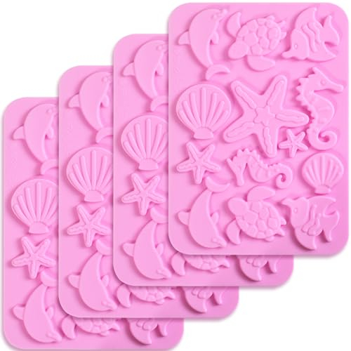 Newk Stampo in silicone a tema marino, confezione da 4, conchiglie, cavallucci marini, stelle marine, tartarughe, stampi in silicone per fondente, caramelle dure, decorazioni per torte, resina,