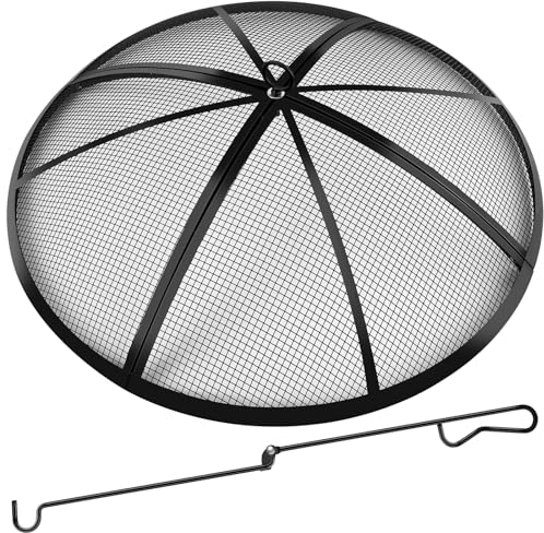 Brasero rond de 61 cm – Pare-étincelles d'extérieur pliable et robuste avec poignée et filet de tisonnier – Couvercle en maille à ouverture facile pour extérieur, terrasse, jardin