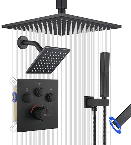 SHOYELA Sistema de ducha termostático negro mate, grifo de ducha desviador de botón con 2 en 1 de mano, cabezal de ducha de 12 pulgadas con cabezal de ducha de montaje en pared de 6 pulgadas