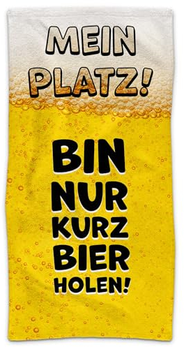 PR Print Royal Handtuch mit lustigem Spruch - Mein Platz, Bin nur kurz Bier Holen - Geschenkidee für Freunde, Kumpels Badetuch für Männer | Fotohandtuch - 140 x 70 cm