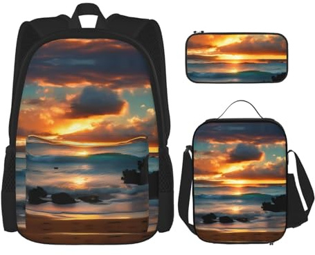 GaxfjRu Bedrucktes 3-teiliges Rucksack-Set, große Schultasche mit Lunchbox und Federmäppchen, praktisch, Rucksack-Lunchbox, Strand Maui Hawaii Sonnenuntergang Meer Wellen Wolken, One Size, Rucksack,