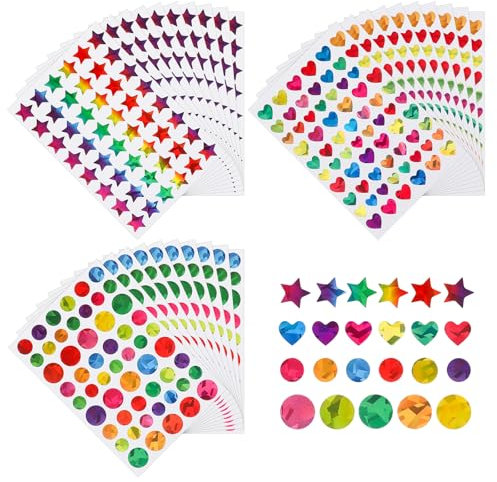 Piriuuo 1710 Stück Bunte Laser Aufkleber, Glitzer Stern Sticker Herz-Aufkleber Runde Aufkleber Set Belohnungsaufkleber für Kinder Selbstklebende Dekoaufkleber für Scrapbooking, DIY-Basteln (30 Blatt)