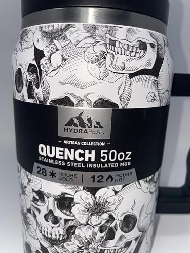 Hydrapeak Quench HP-Quench-50-HLW-01-SKULL Becher mit Totenkopf-Motiv, mit Strohhalm-Deckel und Strohhalm, weiße Totenköpfe, 1,5 l