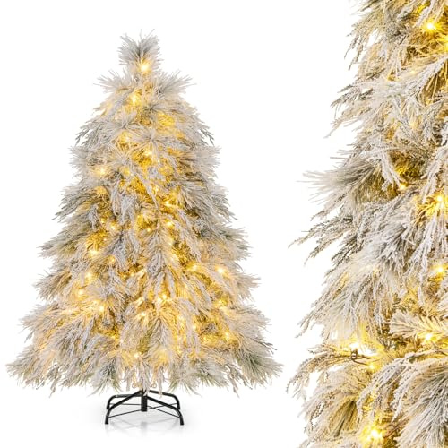 COSTWAY Künstlicher Weihnachtsbaum mit Beleuchtung, 146cm Tannenbaum mit warmweißen LED-Lichtern & 279 Zweigspitzen, Christbaum mit Schnee, Festbaum Kunstbaum für Festdekoration Indoor Outdoor