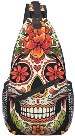 GlbnSHeric Schultertasche für Damen und Herren, Crossbody-Tasche, Sling-Rucksack, cooler American Football, Umhängetasche, verstellbare Brusttasche, Bunter Totenkopf, Einheitsgröße