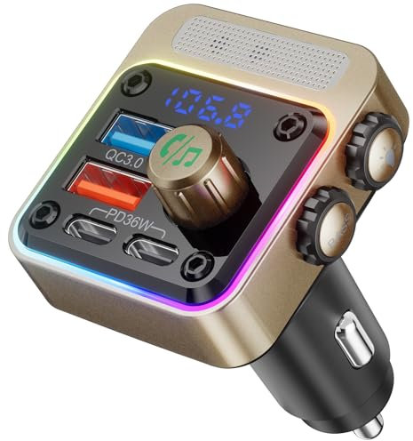 Nulaxy Bluetooth 5.3 FM Transmitter 54 W [PD 36W & QC3.0 18W] Schnelles Autoladegerät mit 4 Ladeanschlüssen, Bass & HiFi Stereo Bluetooth Adapter Auto Freisprecheinrichtung mit 5-Farben-LED, NX16