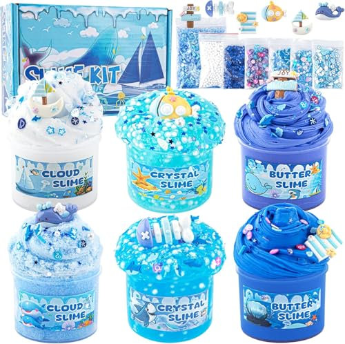 Zhufas Juego de 6 Piezas de Slime Oceánico Degradado Azul - Contiene Slime de Nube Esponjosa, Transparente y de Mantequilla - Kit para Niñas de 6 a 12 Años (Océano)
