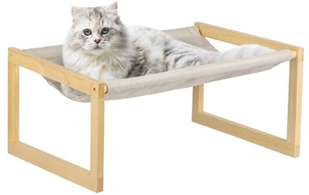 XUANYU Lit Niche Chat Panier pour Chat Hamac Chat Lavable Coussin Doux et Confortable Perchoir Chat (Beige-Bois, sur Pied, 50x40x25 cm)