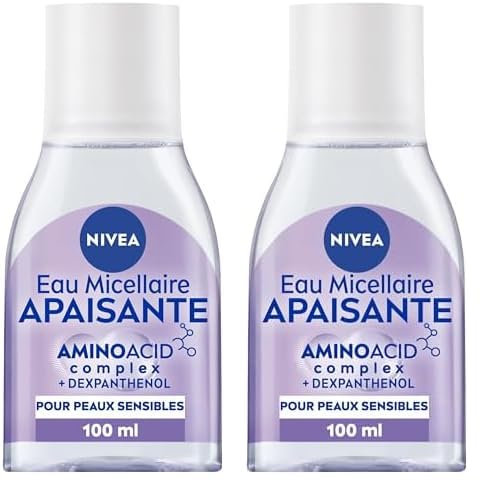 NIVEA Eau Micellaire APAISANTE Peaux Sensibles Mini Format (2 x 100 ml), démaquillant enrichi aux micelles et acides animés sans parfum, nettoyant visage yeux & lèvres