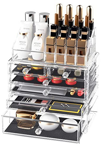 ARCCI Clear Makeup Organizer and Storage Drawers for Vanity, Stackable Large Acrylic Comestic Jewelry Display Case with 6 Drawers, Beauty Skincare Holder Makeup Stand for Bathroom Counter Dresser