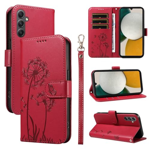 Bravoday Handyhülle für Samsung Galaxy A34 5G Hülle, Premium PU Lederhülle Klappbar Tasche Klapphülle mit Magnet Kartenfach Standfunktion Schutzhülle für Galaxy A34 5G, Rot